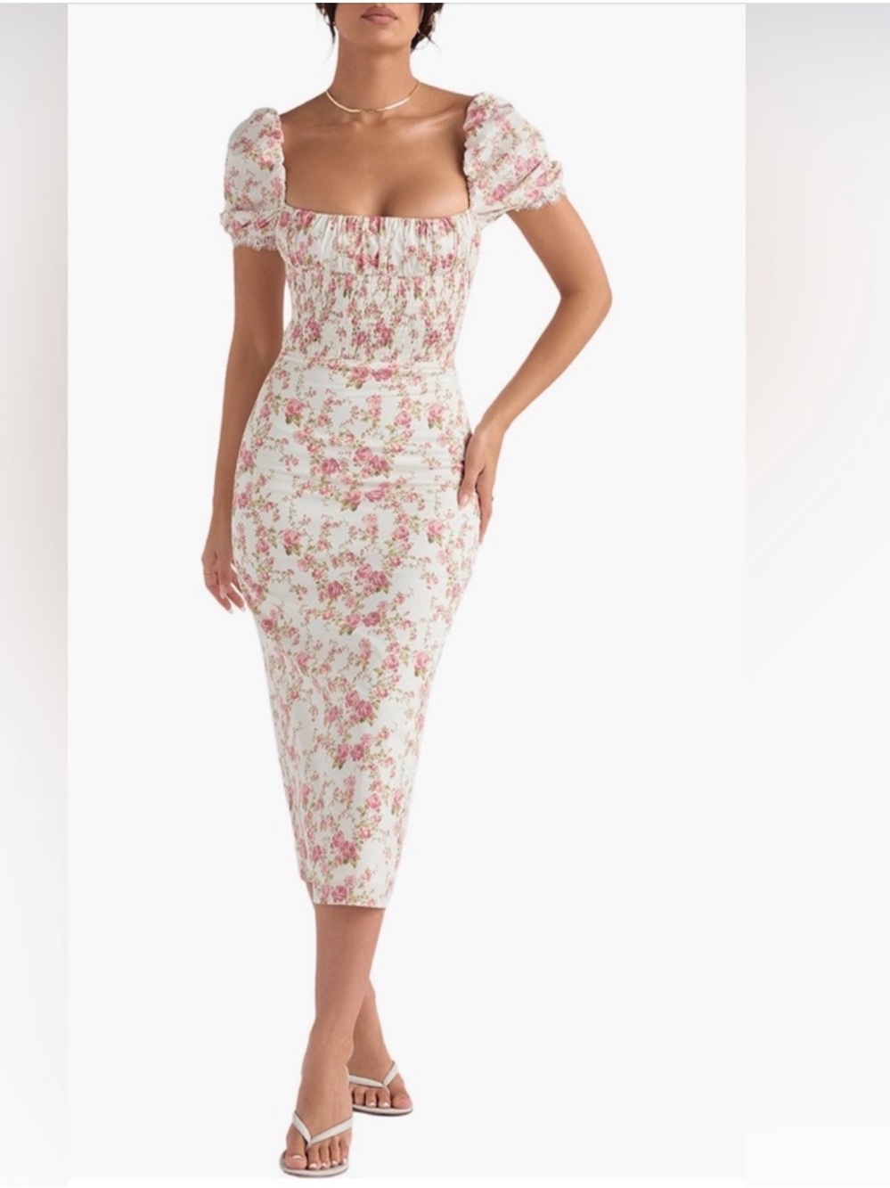 House of CB Smocked Square Neck Floral Midi Dress - White/Pink